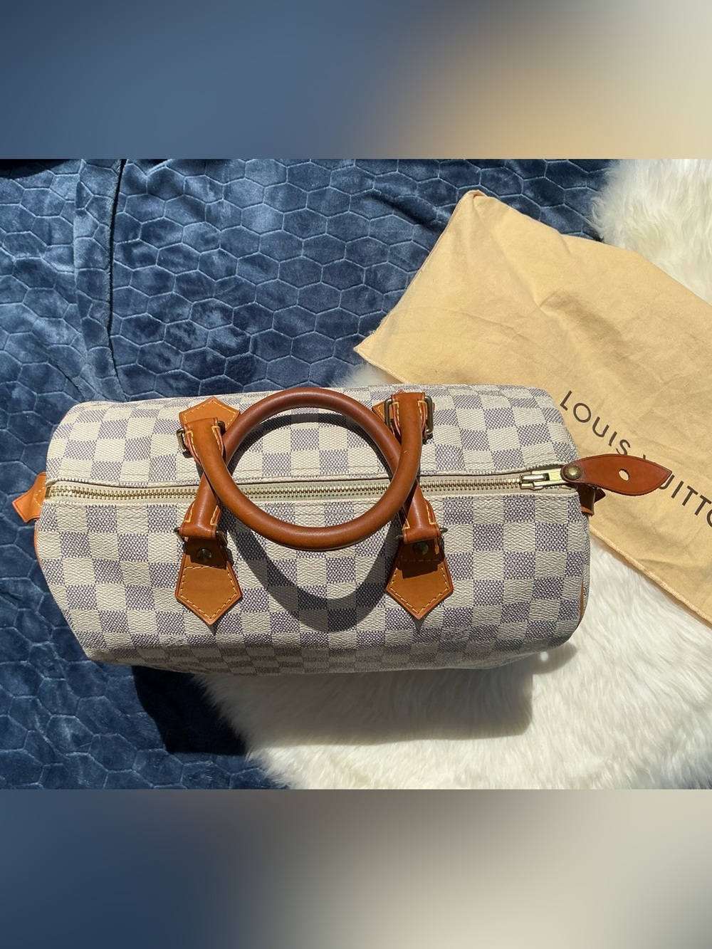 Louis Vuitton Damier Azur 30 Speedy in White and Brown Trim